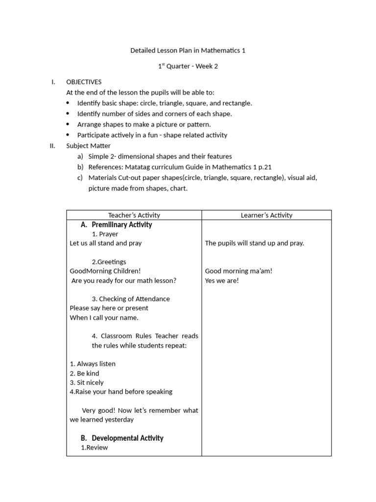 2D Shapes Lesson Plan for Grade 1 | PDF | Shape | Rectangle
