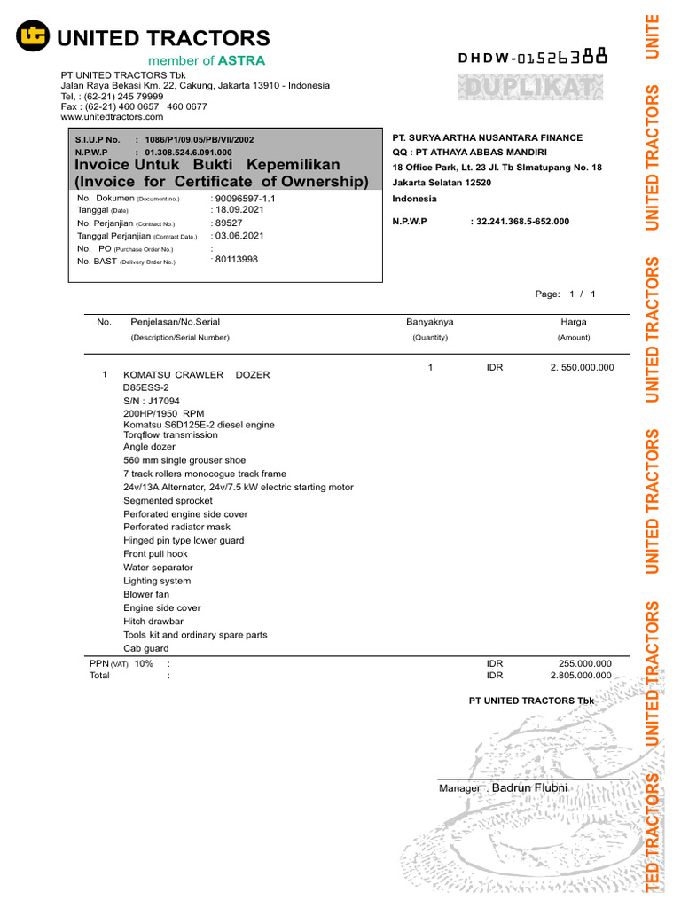 United Tractors Ownership Invoice | PDF | Tractor | Heavy Equipment