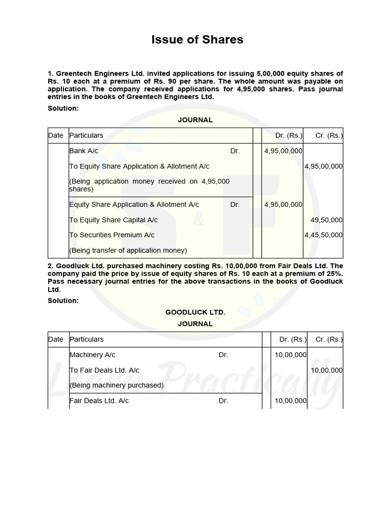 Journal Entries for Share Issuance Transactions | PDF | Equity (Finance ...