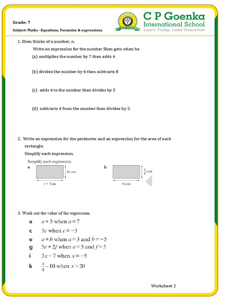 Expressions LJ Formulae L0 Equations - Grade 7 | PDF