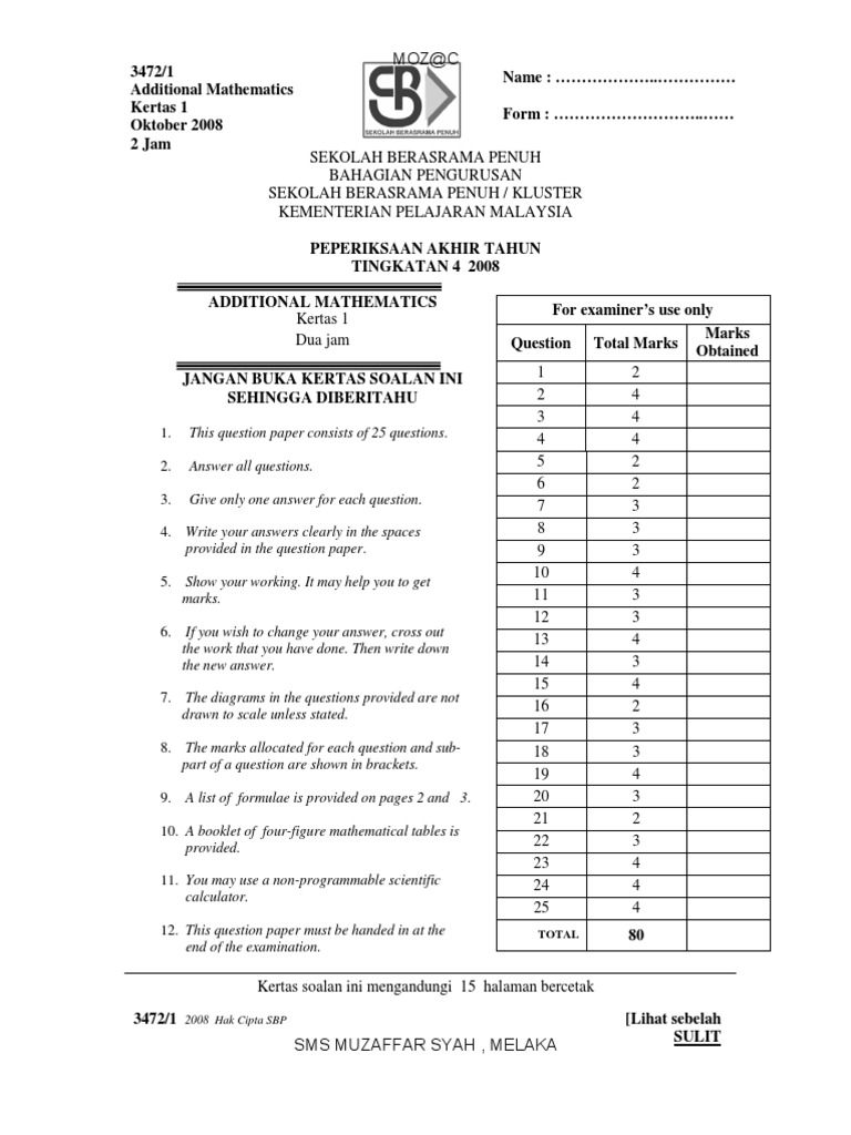 2008 SBP Add Math P1&2 Form4 | PDF