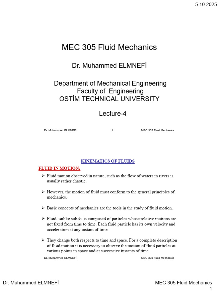 MEC 305 Fluid Mechanics-L4 | PDF | Fluid Dynamics | Continuum Mechanics