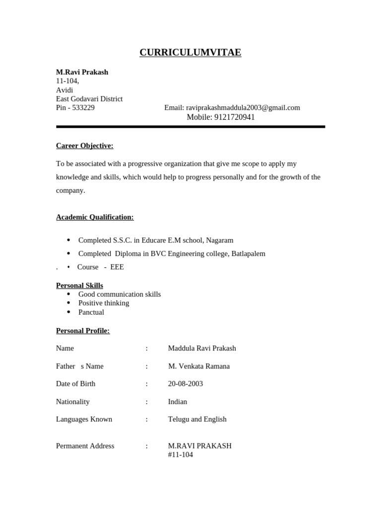Curriculum Vitae of M. Ravi Prakash | PDF