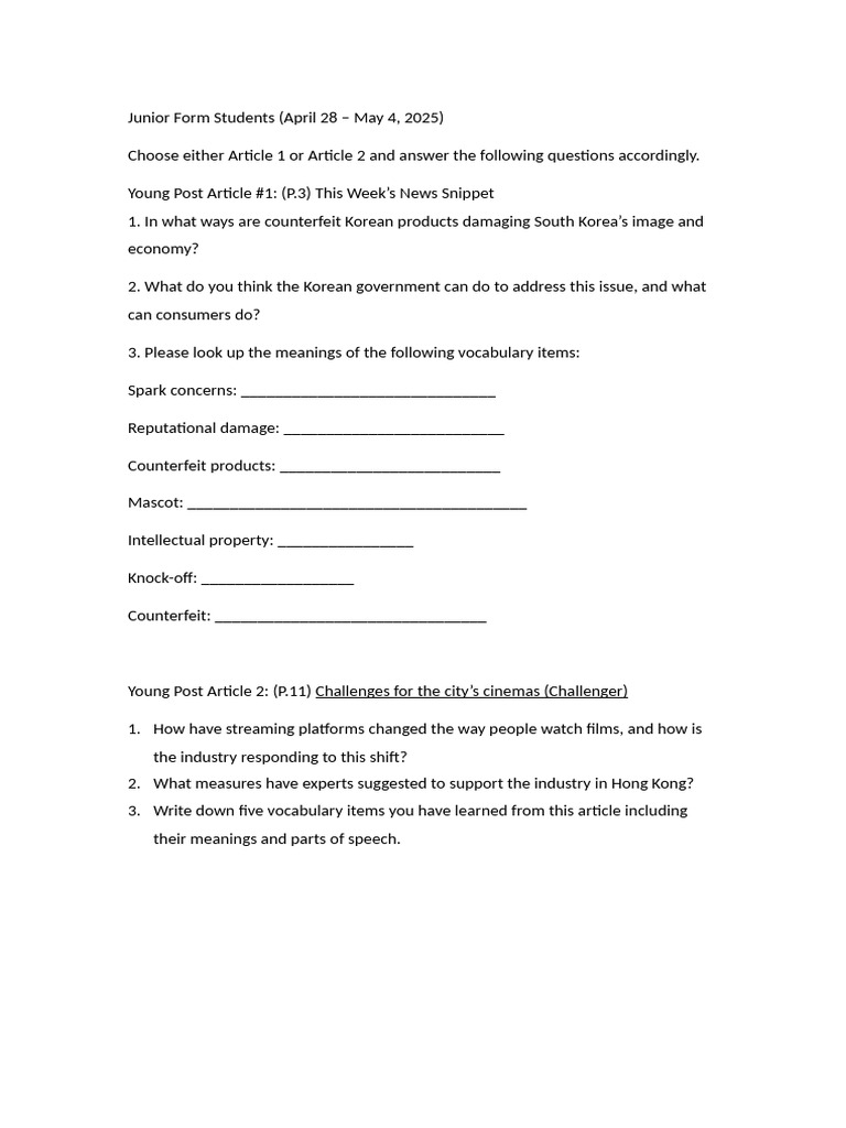 Young Post Junior Forms Questions | PDF