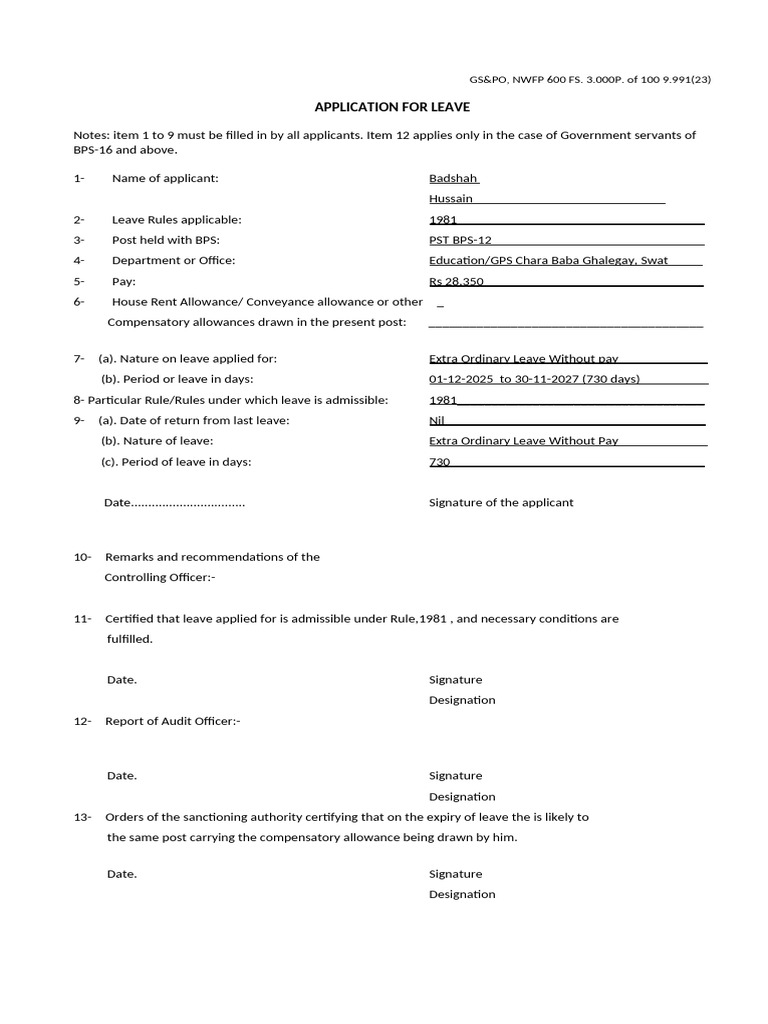 Leave Application Form for Government Employees | PDF