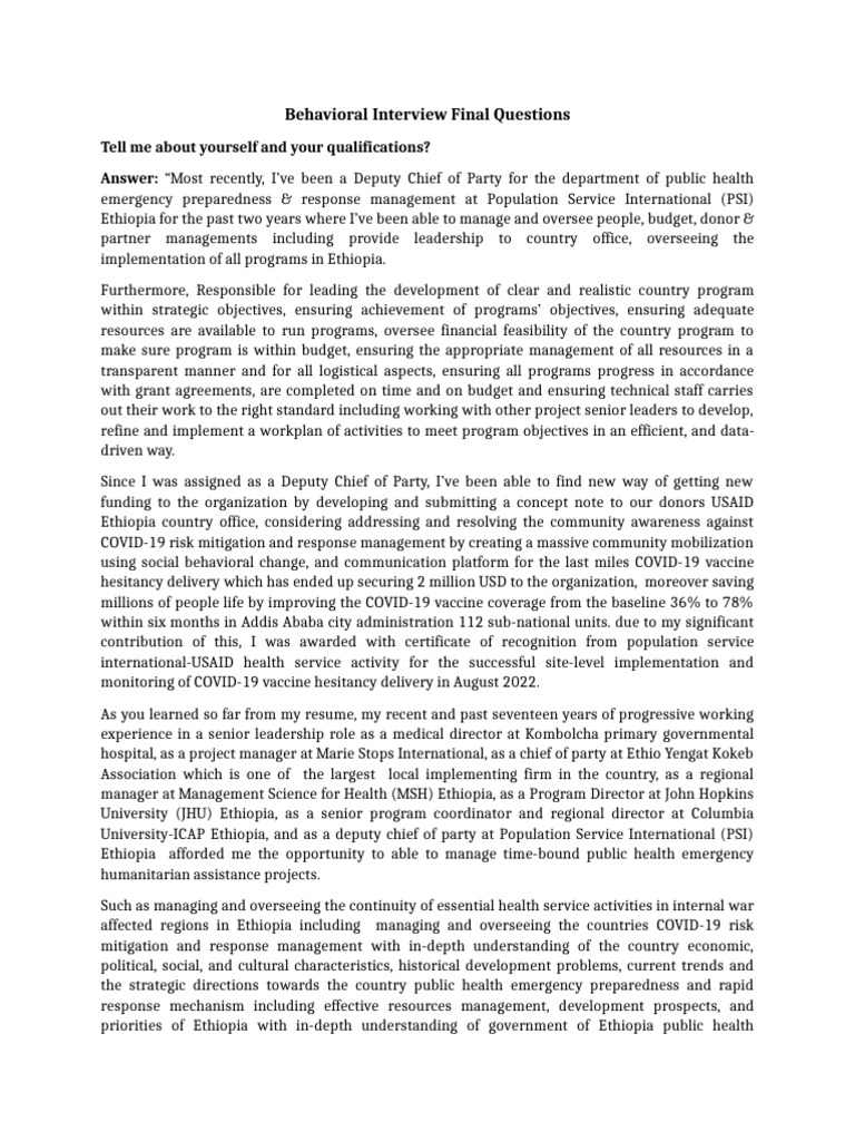 Behavioral Interview Final Questions | PDF | Public Health | Goal