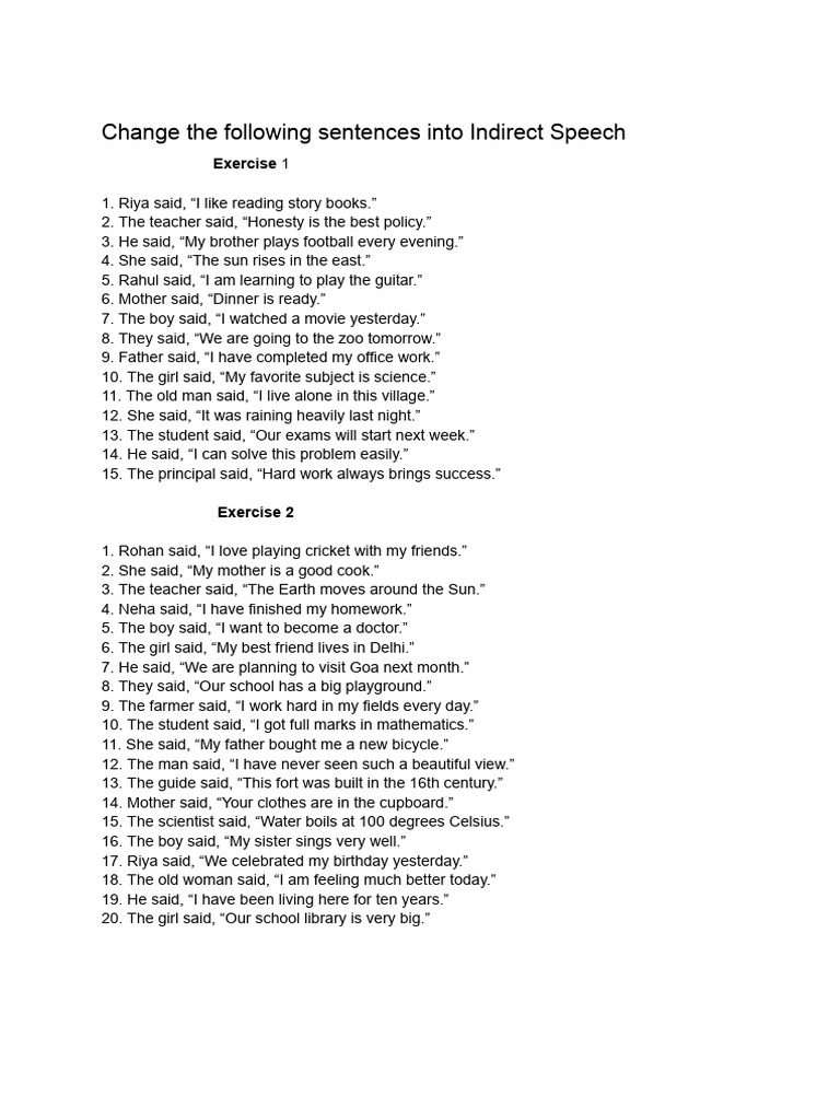 Indirect Speech Conversion Exercises | PDF