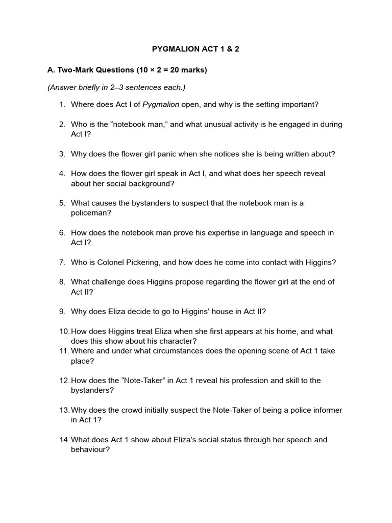 Pygmalion Act 1 & 2 Study Guide | PDF | Pygmalion (Play)