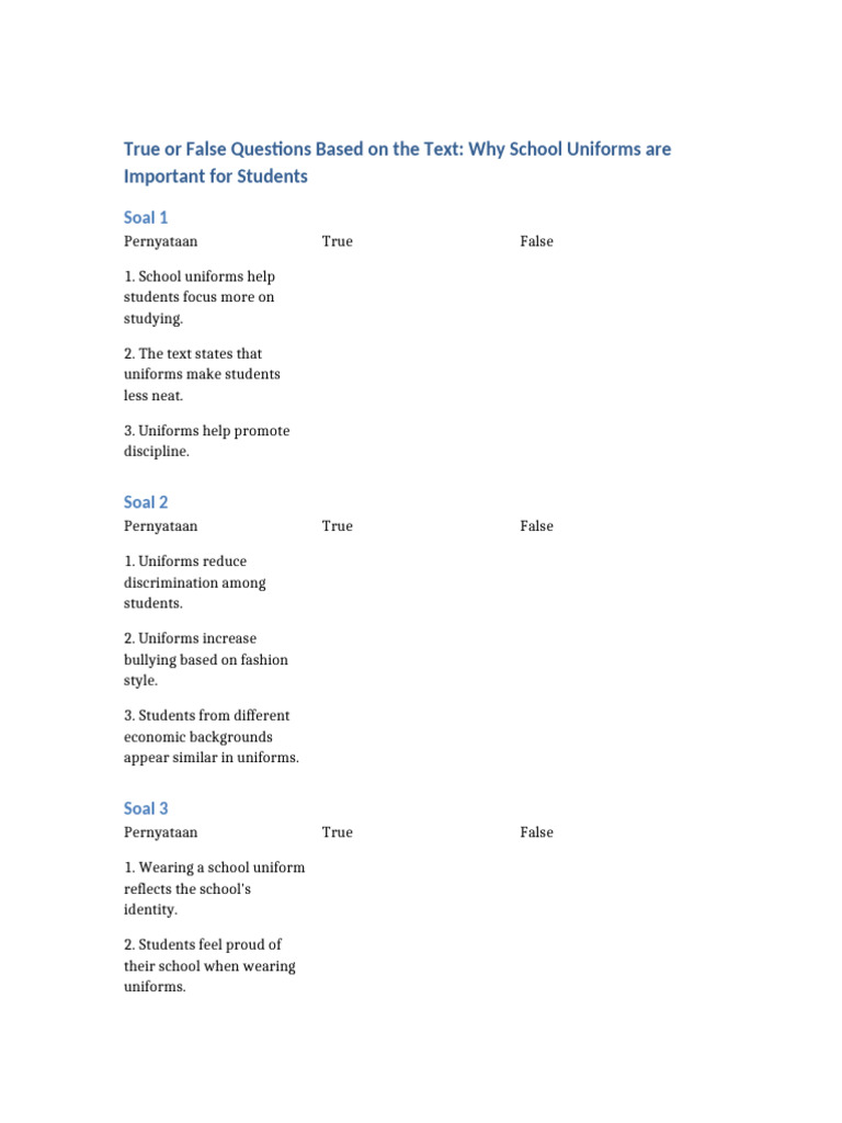Soal True or False School Uniforms | PDF