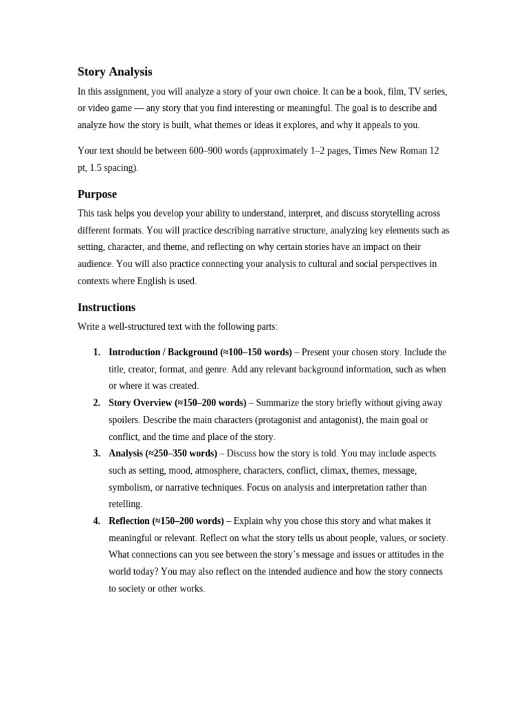 Story Analysis Assignment Guide | PDF | Narrative | Human Communication