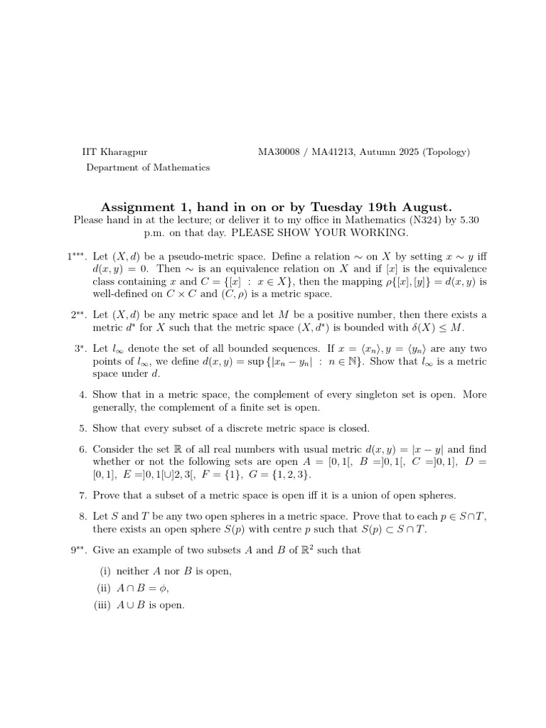 IIT Kharagpur Topology Assignment 1 | PDF | Topological Spaces | Space