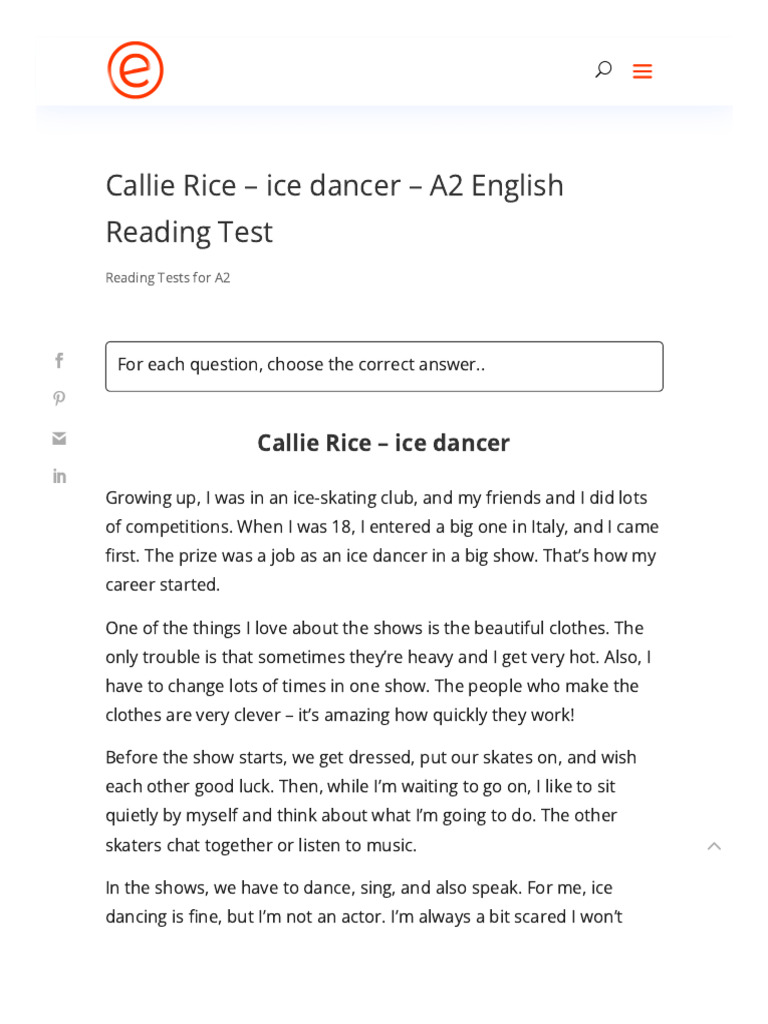 Callie Rice: A2 Ice Dancer Reading Test | PDF