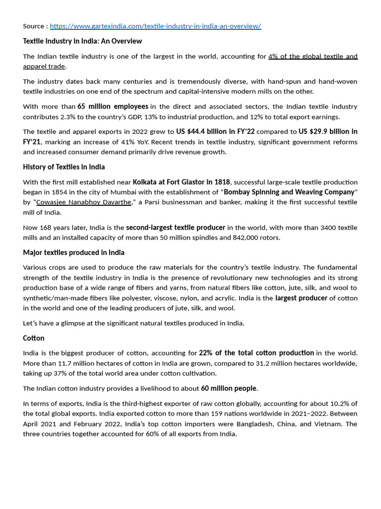 Overview of India's Textile Industry | PDF | Textiles | Wool