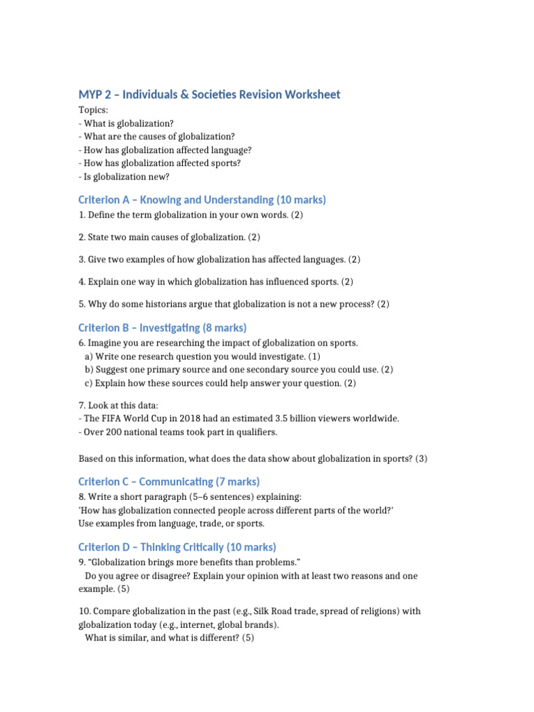 Globalization Impact Revision Worksheet | PDF