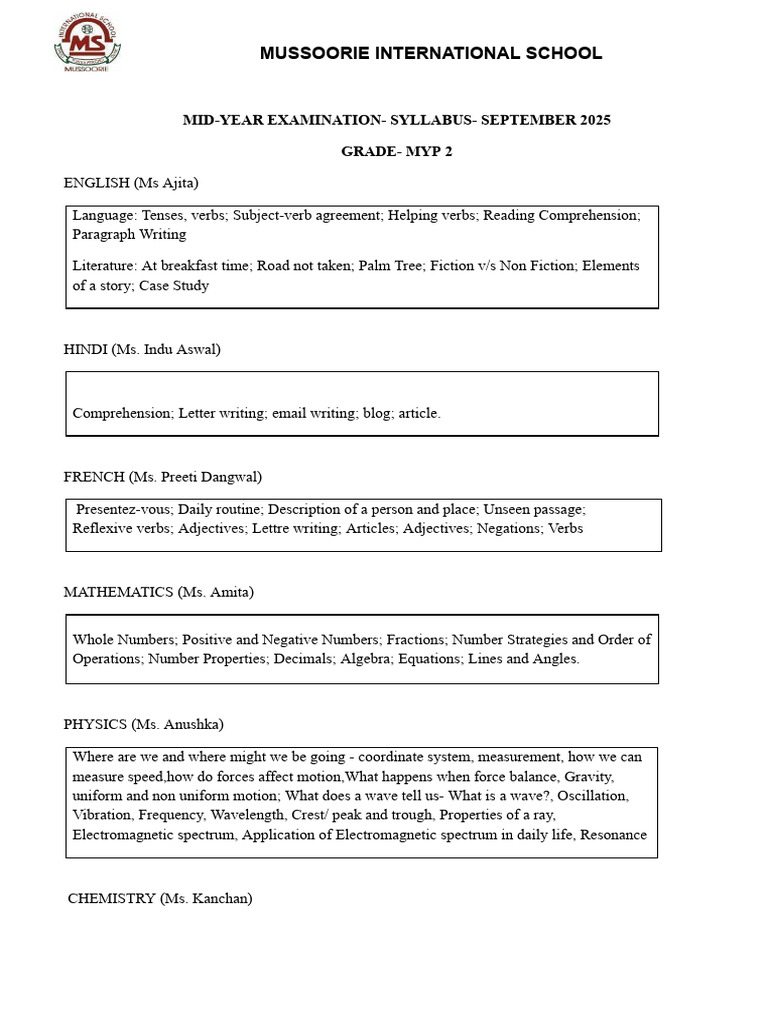 Mid-Year Exam Syllabus MYP 2 - 2025 | PDF | Waves | Allergy