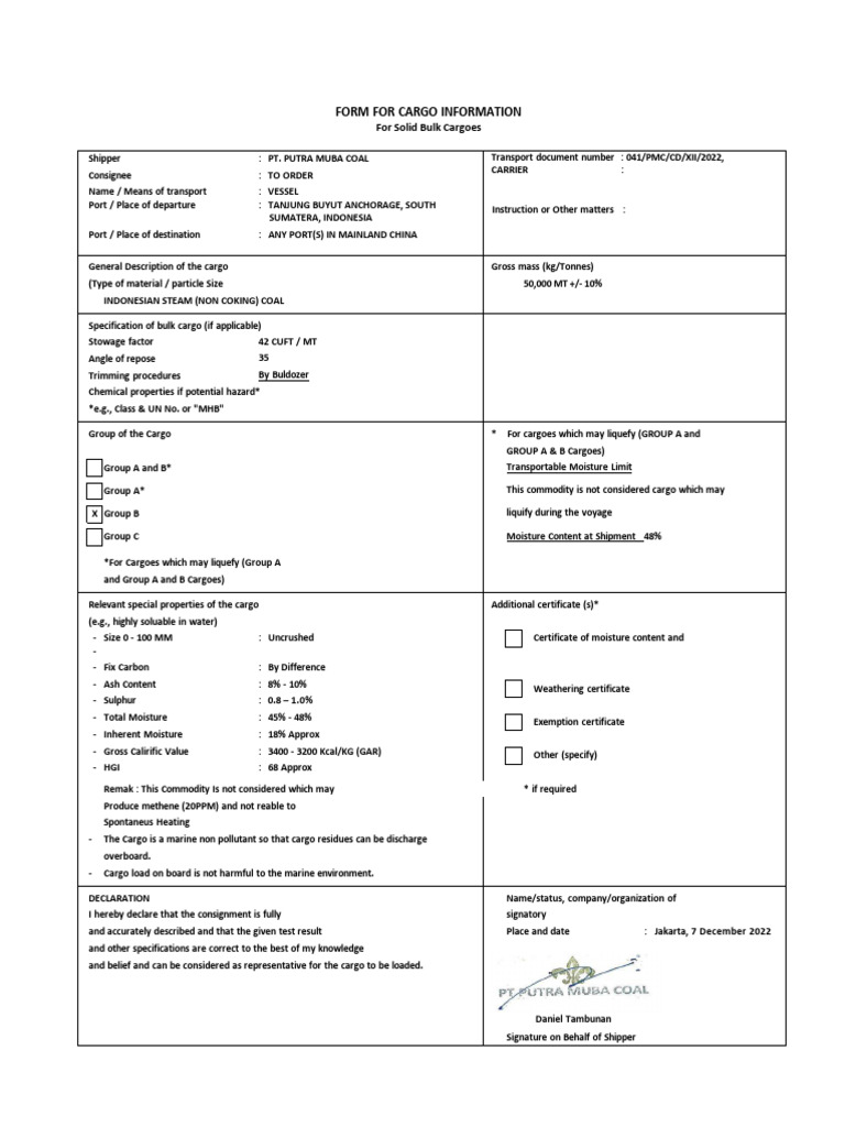 041 Form Cargo Declaration, Pmc Visa, Mv Ocean Princess, Eta 13 | PDF ...