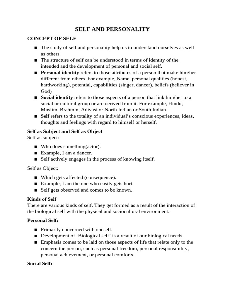 SELF AND PERSONALITY PDF Self Esteem Self Concept
