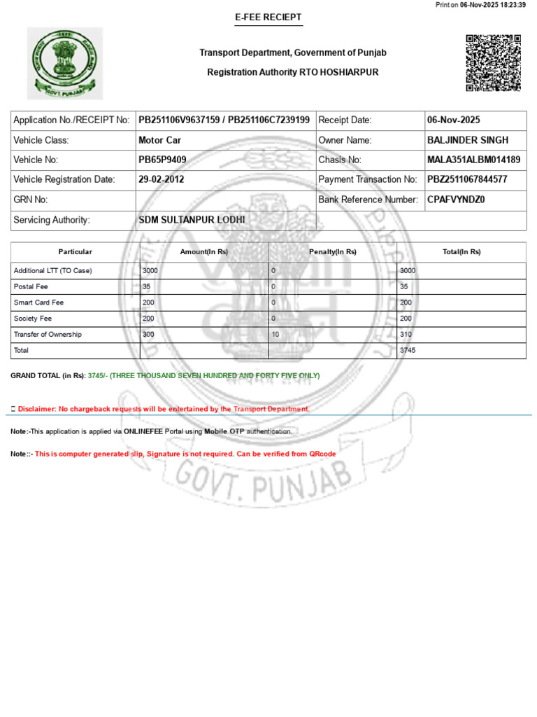 E-Fee Receipt for Vehicle Registration | PDF