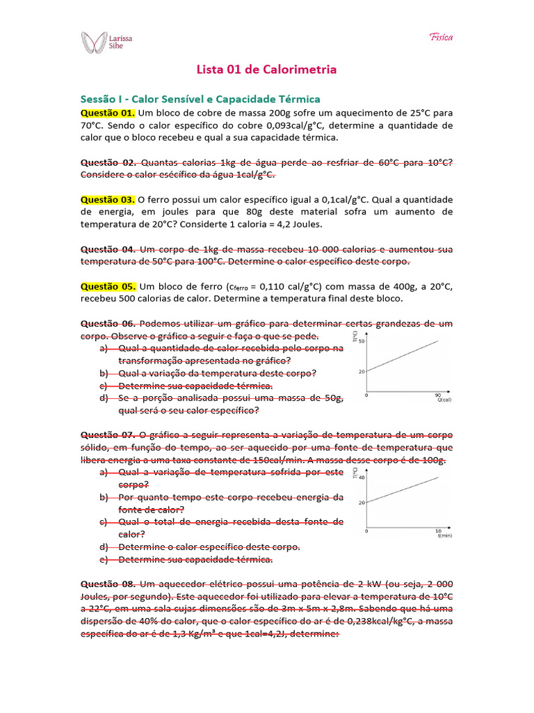 Exercícios de Calorimetria e Calor Latente | PDF | Calor | Temperatura