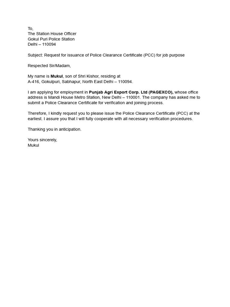 Request for Police Clearance Certificate | PDF