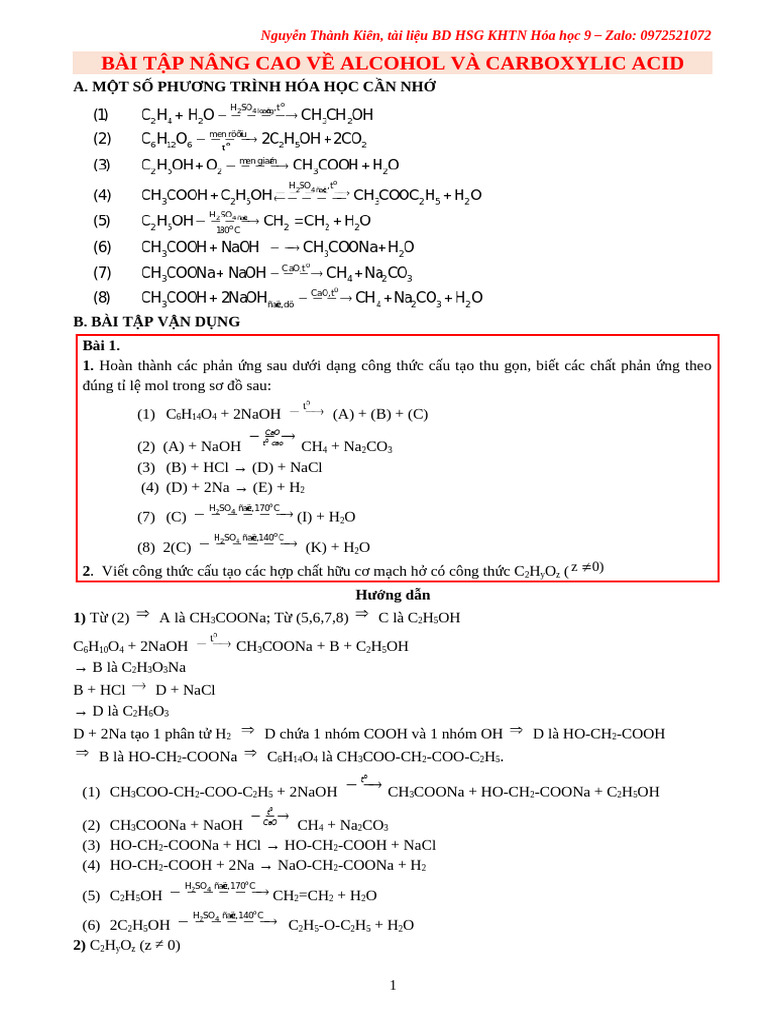 Bài Tập Tổng Hợp Về Alcohol Và Carboxylic Acid File Gv | PDF