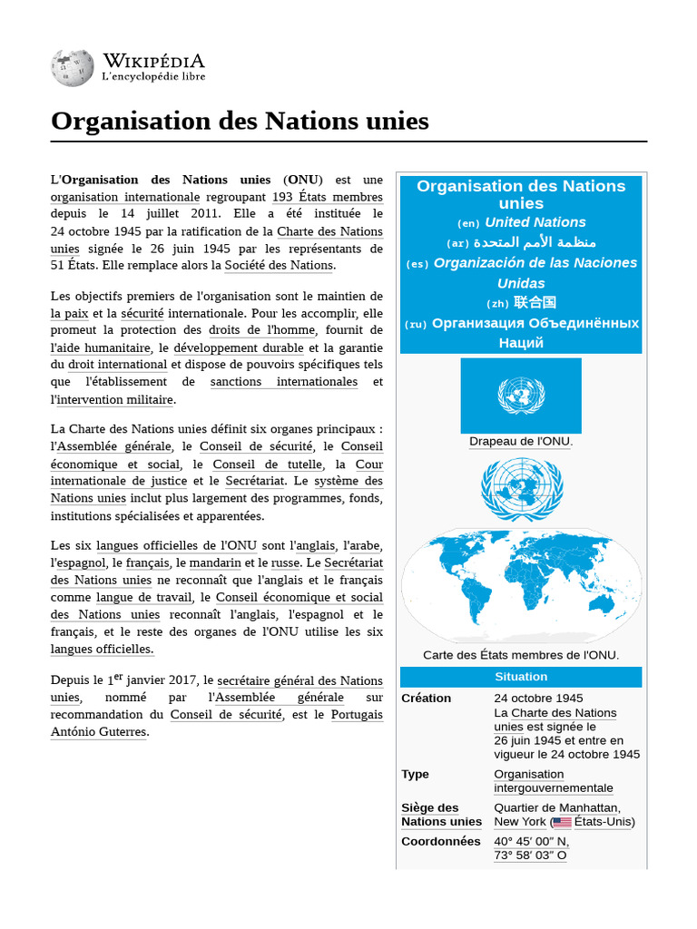 Organisation des Nations Unies (ONU) | PDF | Nations unies | Relations ...