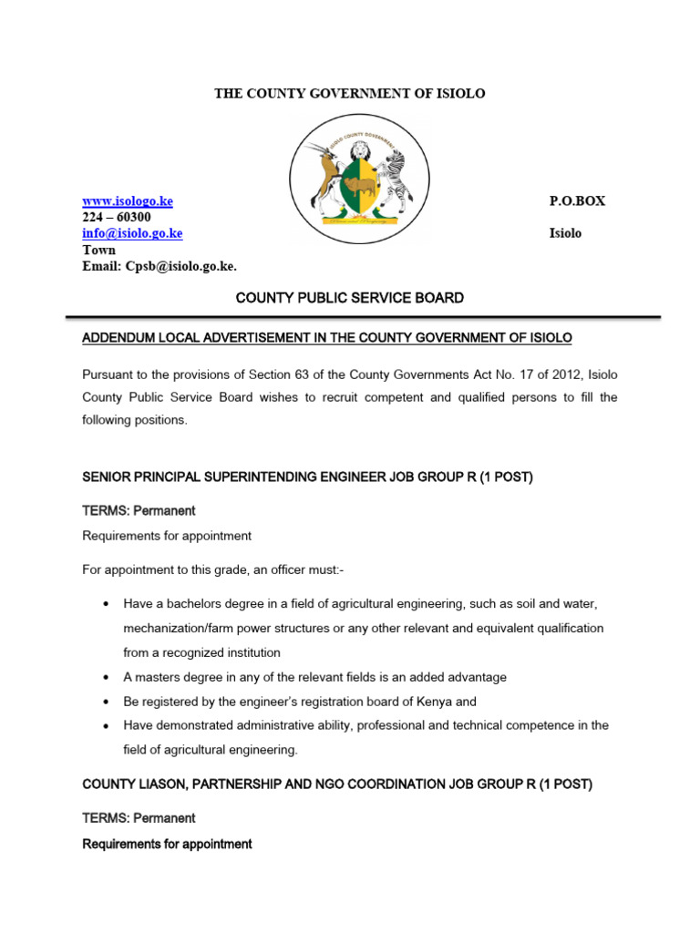 Isiolo County Job Vacancies Announcement | PDF | Water Quality ...