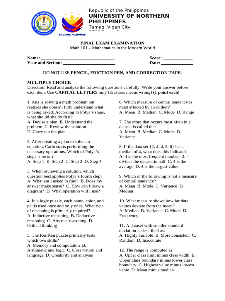 Math 101 Final Exam Questions | PDF | Mode (Statistics) | Median