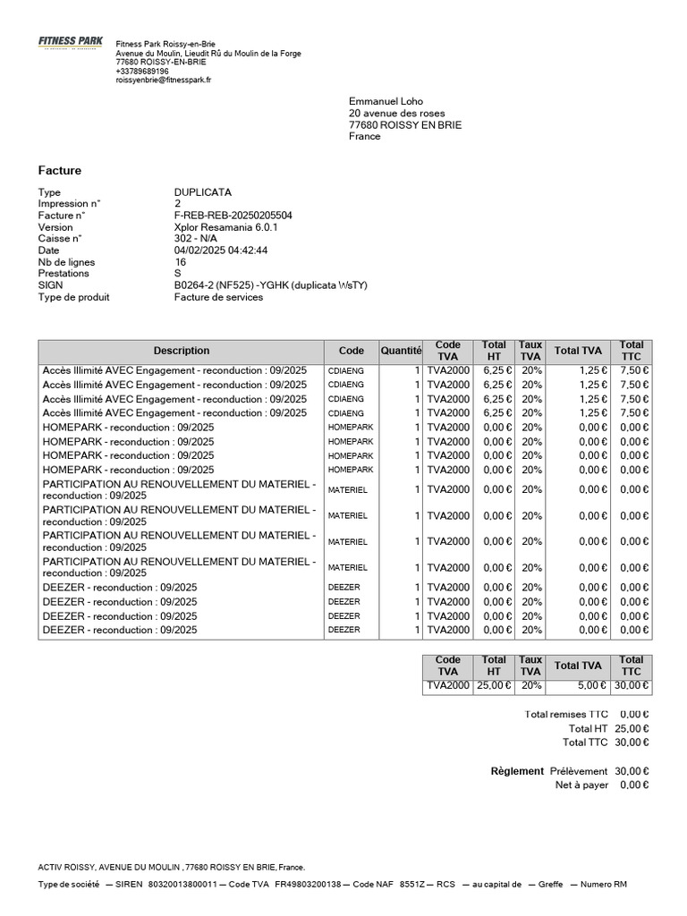 Facture Fitness Park Roissy-en-Brie | PDF | Taxe sur la valeur ajoutée ...