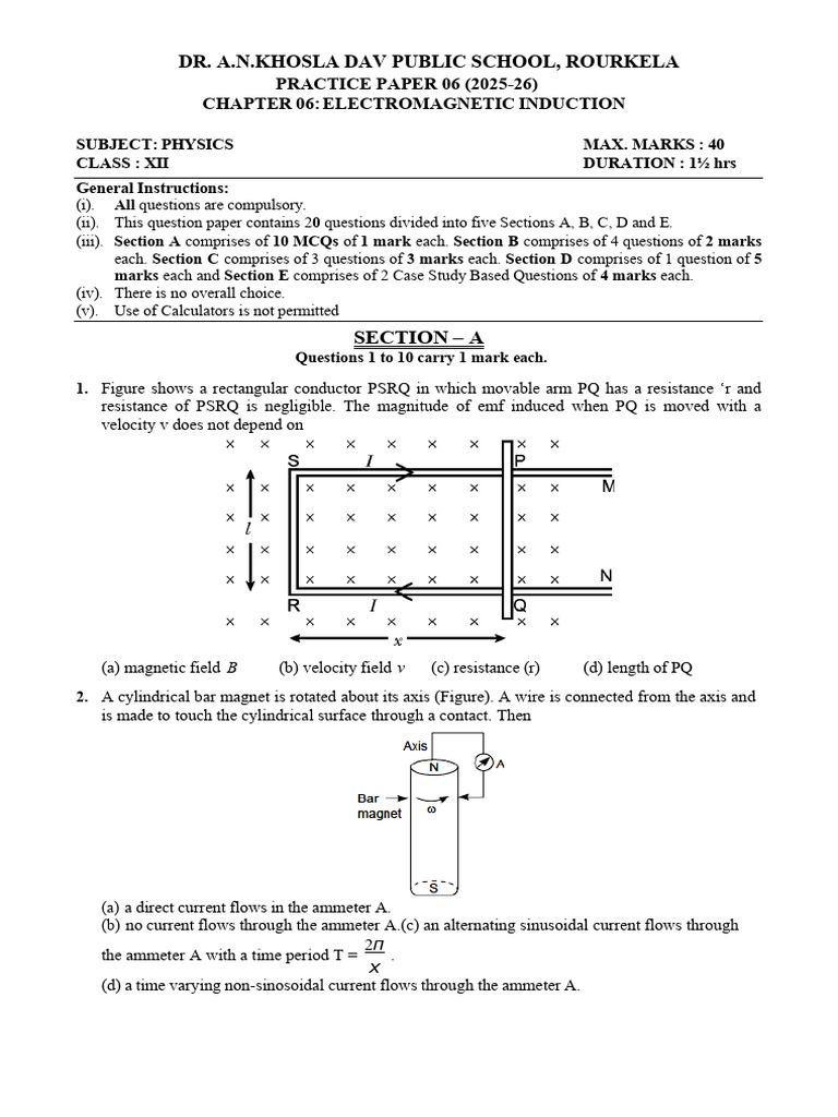Xii Physics Practice Paper - 06 (2025-26) | PDF | Electromagnetic ...