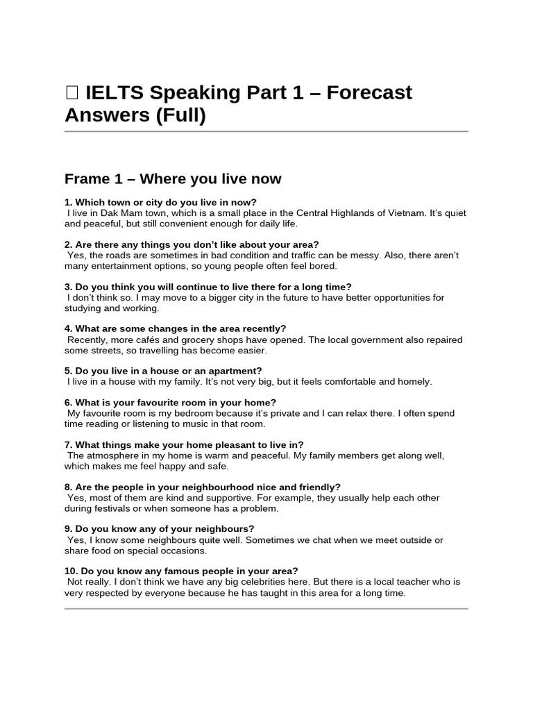 ? IELTS Speaking – Forecast Answers (Full) | PDF