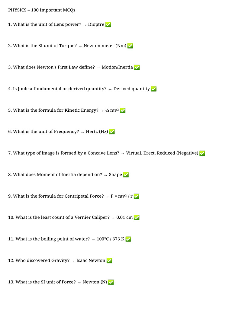 100 Essential Physics MCQs for Students | PDF | Heat Transfer | Waves