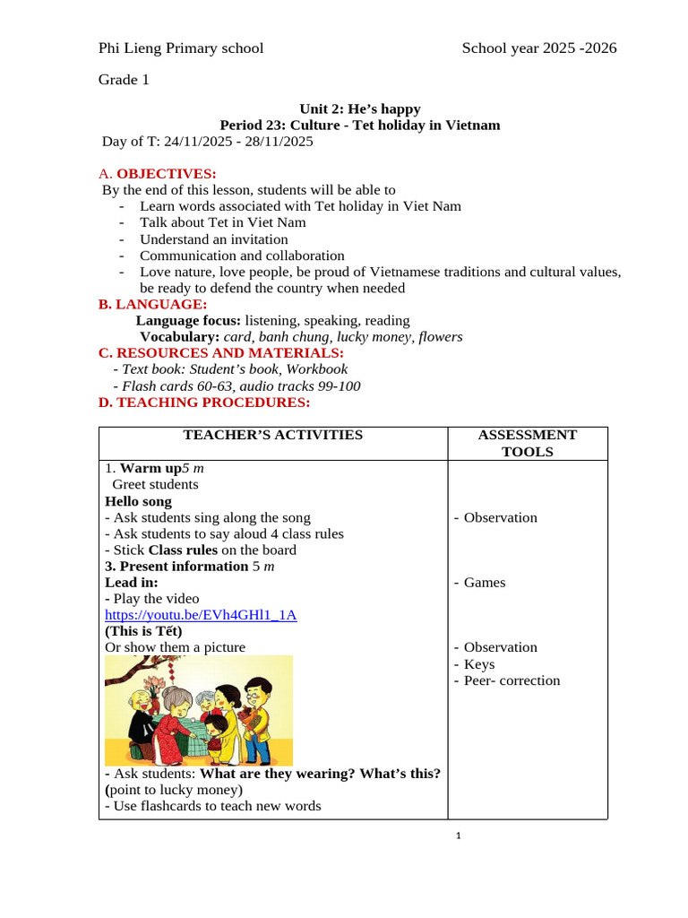 Tet Holiday Lesson Plan for Grade 1 | PDF | Human Communication | Learning
