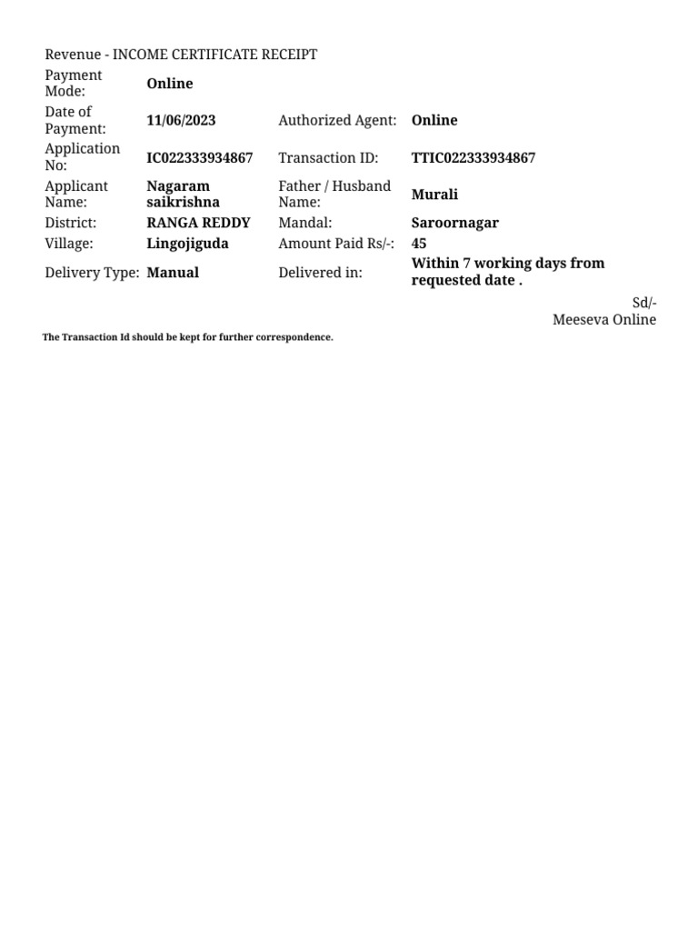Income Certificate Payment Receipt | PDF