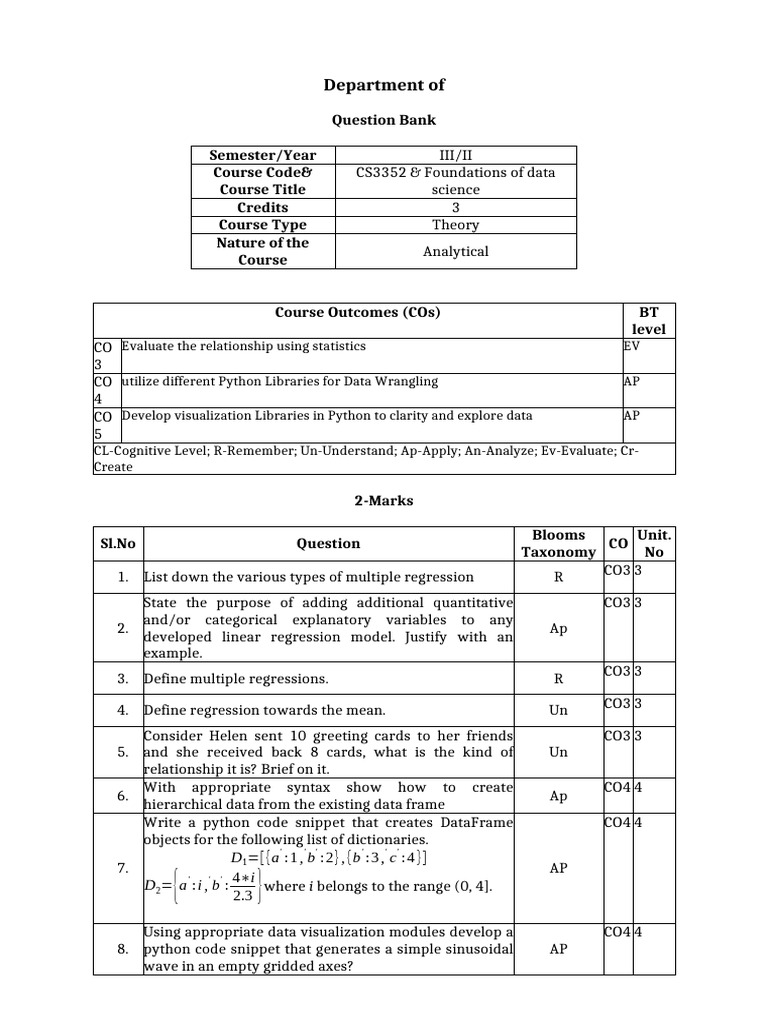 Data Science Foundations Question Bank | PDF | Regression Analysis ...