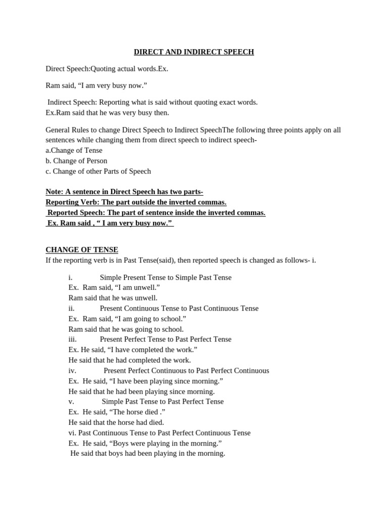 Direct and Indirect Speech Guide | PDF | Grammatical Tense | Syntax
