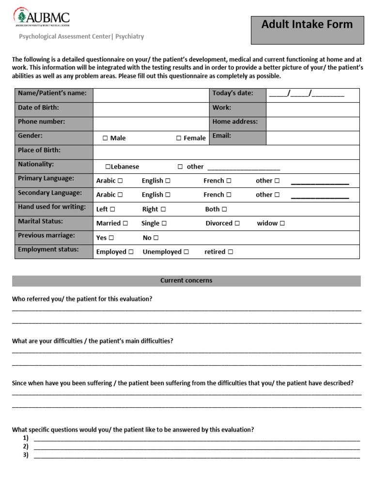 Comprehensive Adult Intake Questionnaire | PDF | Epilepsy | Diseases ...