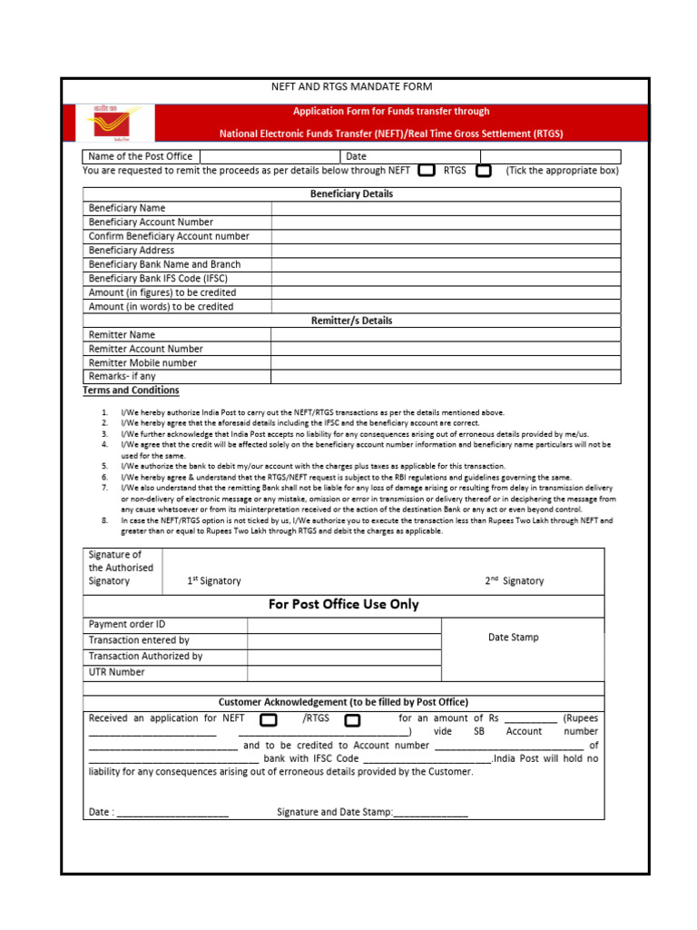 NEFT RTGS Funds Transfer Application Form | PDF | Personal Finance ...