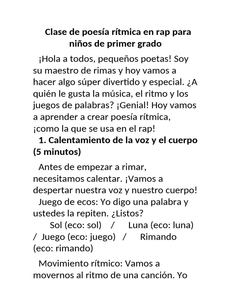 Clase de Poesía Rítmica en Rap para Niños de Primer Grado | PDF ...