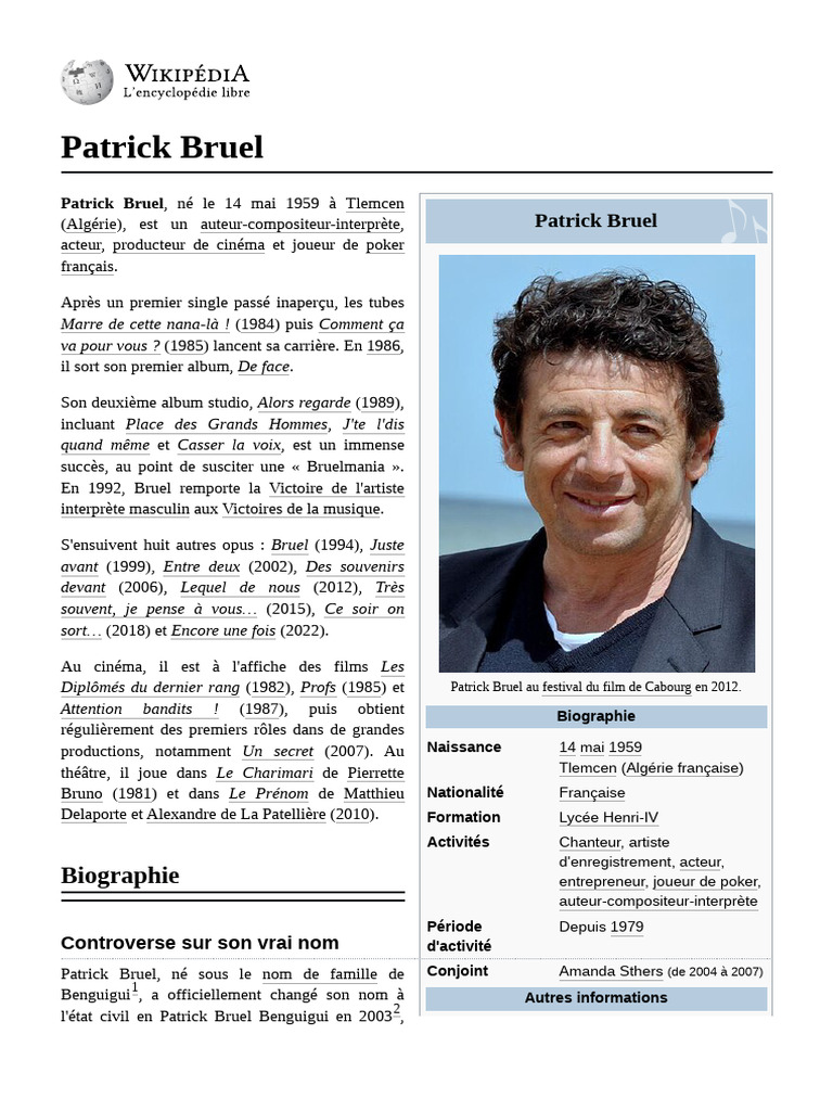 Biographie de Patrick Bruel, artiste français | PDF