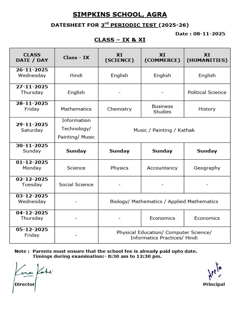 Pt3 Exam Date Sheet Class Ix & Xi | PDF