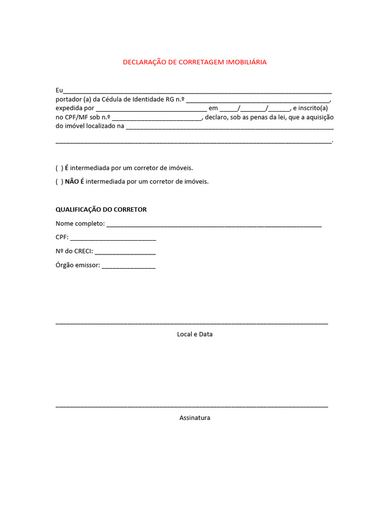 Declaração de Corretagem Imobiliária | PDF