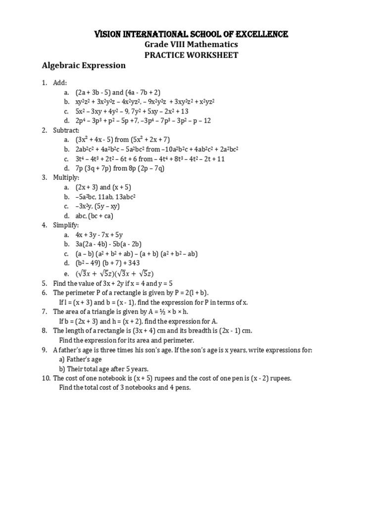 VR-Grade8 Math Algebraic Expressions Worksheet | PDF