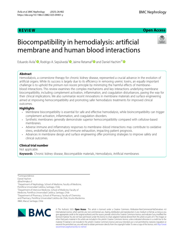 Biocompatibility in Hemodialysis - Artificial Membrane and Human Blood ...