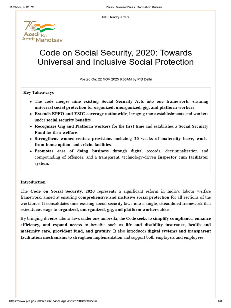 Code On Sociial Security 2020 | PDF | Employment | Parental Leave
