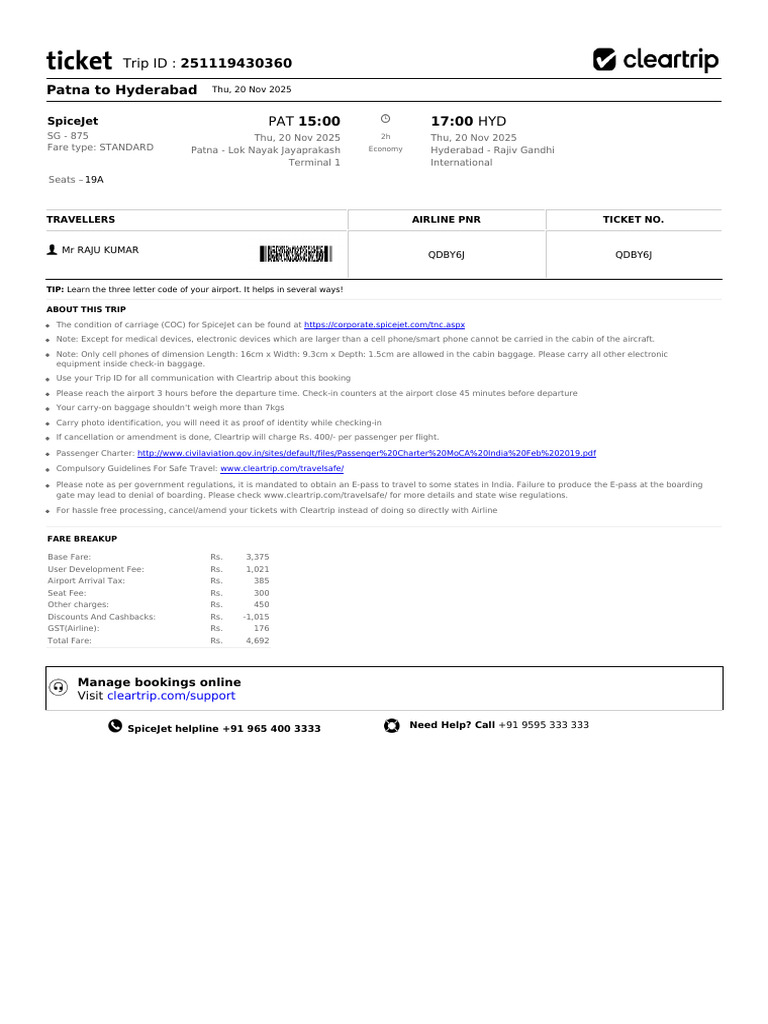SpiceJet Flight Booking Details: Patna to Hyderabad | PDF | Aviation ...