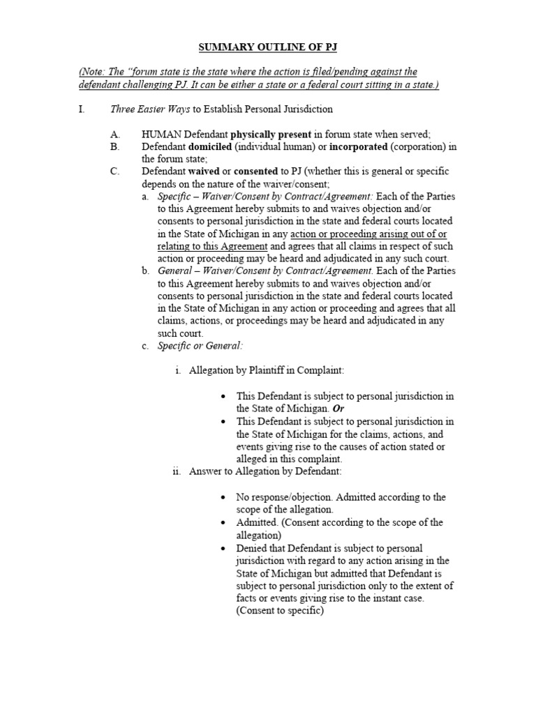 PJ Summary | PDF | Personal Jurisdiction | Political Law