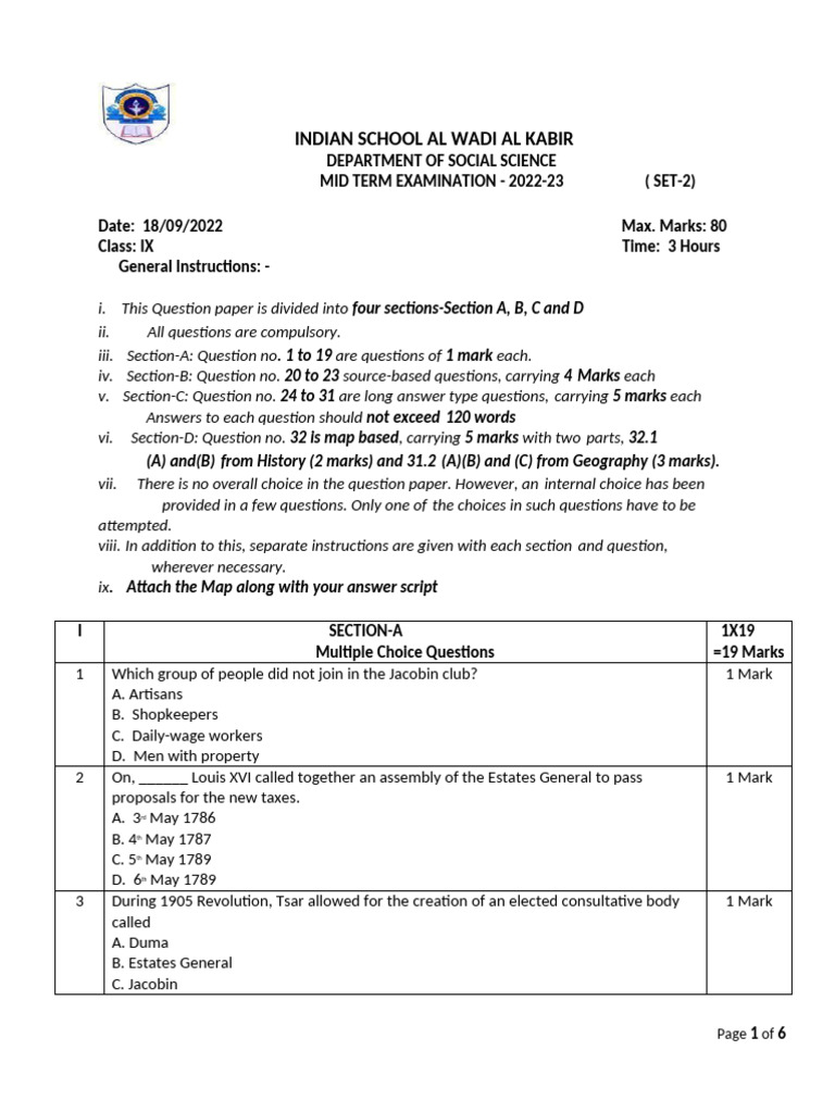 Class IX Social Science Midterm Exam 2022-23 | PDF | Latitude