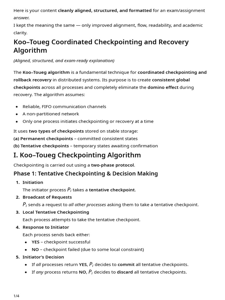 Koo-Toueg Checkpointing Algorithm Explained | PDF | Computing ...