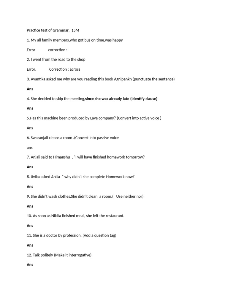 Practice Test of Grammar Ans | PDF
